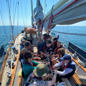 A group of twelve people sitting down on a sailing boat tying ropes around a pole. It's a sunny day and the sky in the background is blue.